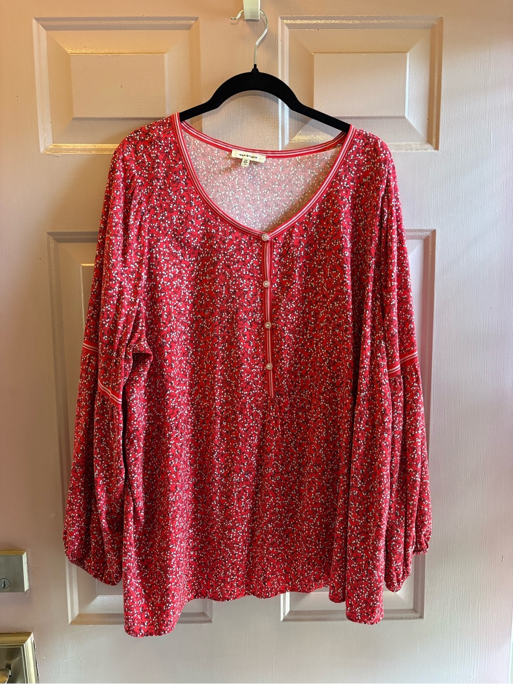 Max Studio Red Floral Button-Henley Tunic Top